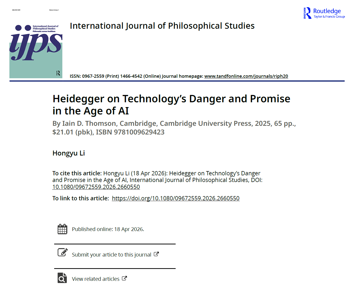 我系博士生李鸿宇在International Journal of Philosophical Studies发表书评Heidegger on Technology’s Danger and Promise in the Age of AI